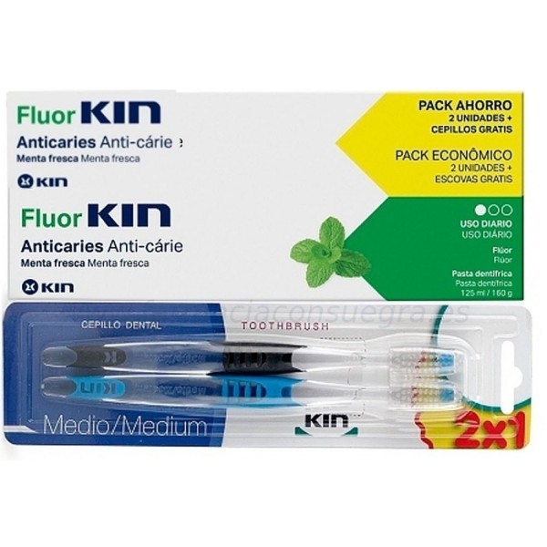 FluorKIN Anticaries Pasta Dentífrica Menta Fresca Duplo 2 x 125 ml  Cepillo Medio Adultos 2 Unidades
