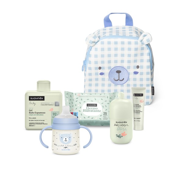 Suavinex Mochila Infantil Osito con Cosmética y Biberón, Azul