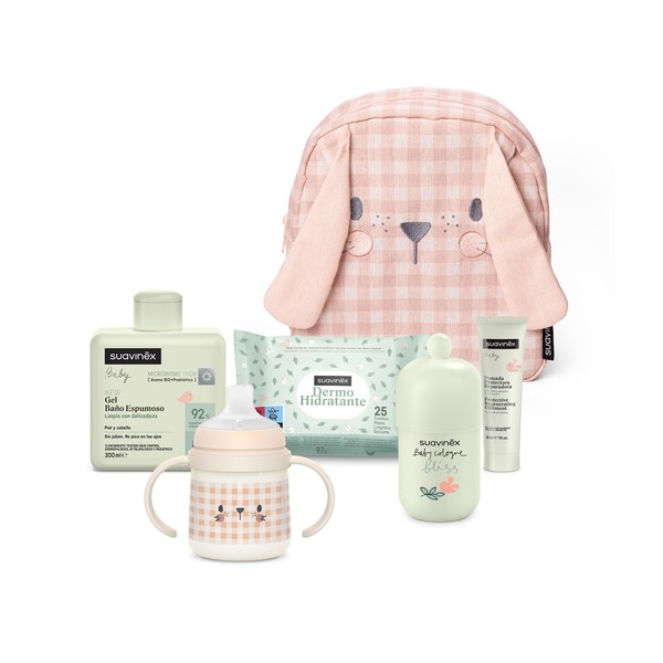 SUAVINEX Mochila Infantil Conejo con Cosmética y Biberón, Rosa