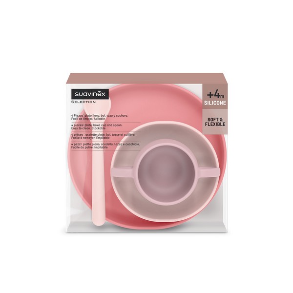 Suavinex Vajilla para Bebé de Silicona con Ventosas +4M, Rosa